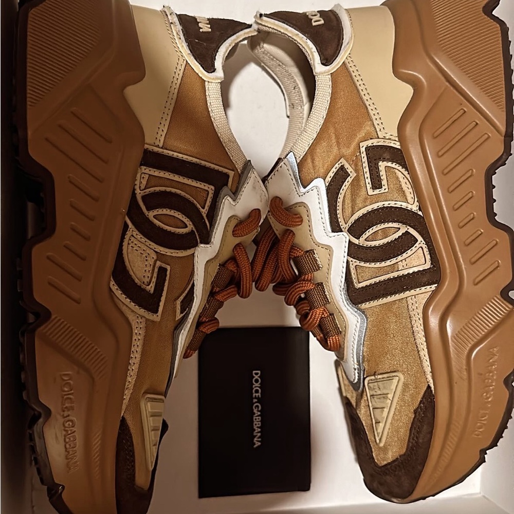 Dolce & Gabbana Brown and White Sneakers with Chunky Sole
